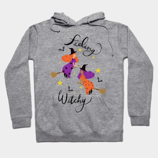 "Feeling Witchy" - Hand lettered // Orange & Purple haired witches (Halloween design) Hoodie by Maddyslittlesketchbook